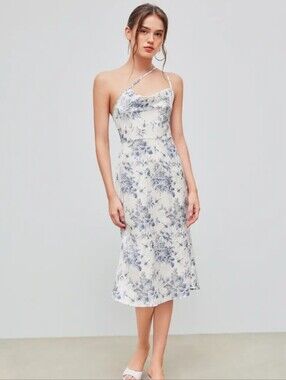 Floral And Dragonfly Cowl Neck Midi Dress